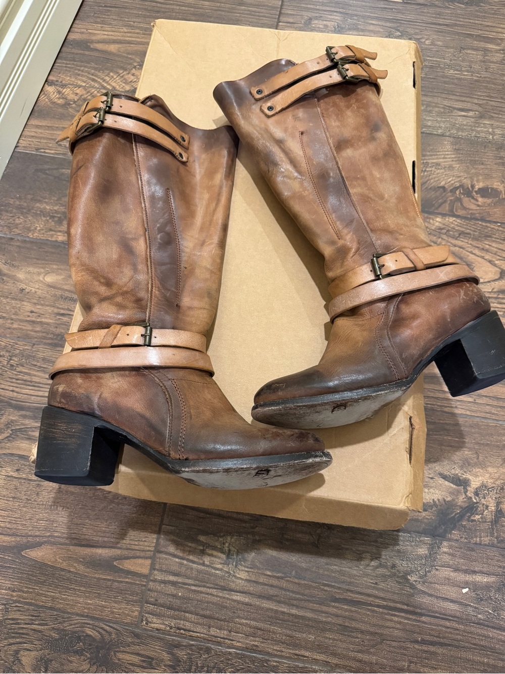 freebird Distressed Brown Leather Mid-Calf Buckle Heeled Boots